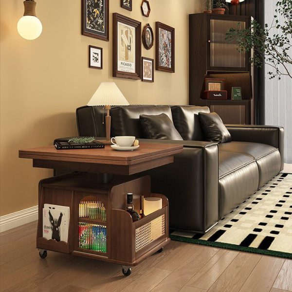 Contemporary Retro Weaving Rattan Glass Wood Metal Square Rectangular Movable Cart Liftable Coffee Table 2-Storage Shelf For Living Room - Image 10