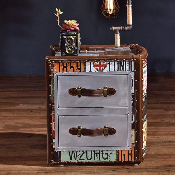 Traditional Vintage Wood Leather Cubic Book-Shape Side Table 2-Drawer For Living Room