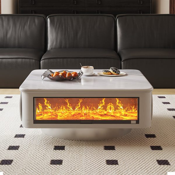 Contemporary Creative Microcrystalline Wood Stainless Steel Square Flame Coffee Table 2-Drawer Rotatable For Living Room - Image 4