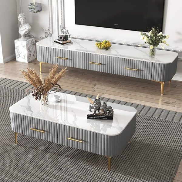 Contemporary Scandinavian Slab Leather Stainless Steel Rectangular Striped Coffee Table 2-Drawer For Living Room - Image 7