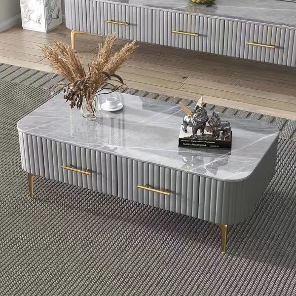 Contemporary Scandinavian Slab Leather Stainless Steel Rectangular Striped Coffee Table 2-Drawer For Living Room - Image 2
