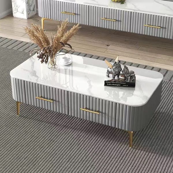 Contemporary Scandinavian Slab Leather Stainless Steel Rectangular Striped Coffee Table 2-Drawer For Living Room - Image 4