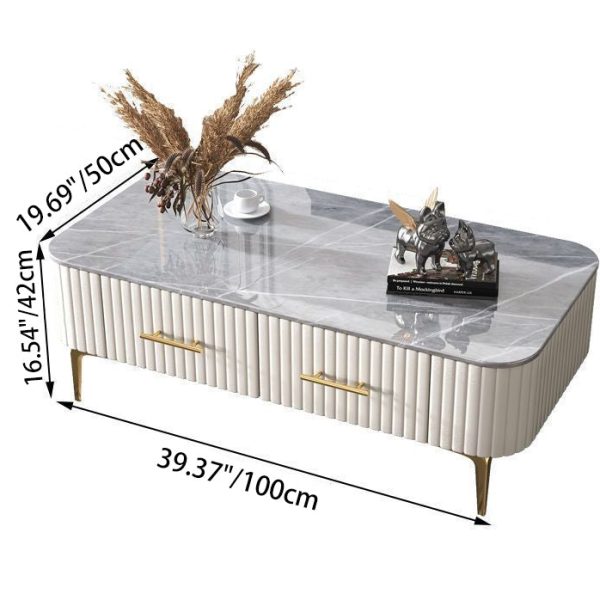 Contemporary Scandinavian Slab Leather Stainless Steel Rectangular Striped Coffee Table 2-Drawer For Living Room - Image 8