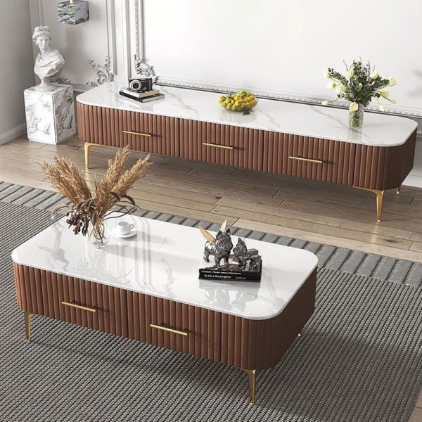 Contemporary Scandinavian Slab Leather Stainless Steel Rectangular Striped Coffee Table 2-Drawer For Living Room - Image 15