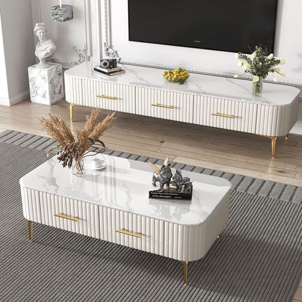 Contemporary Scandinavian Slab Leather Stainless Steel Rectangular Striped Coffee Table 2-Drawer For Living Room - Image 5