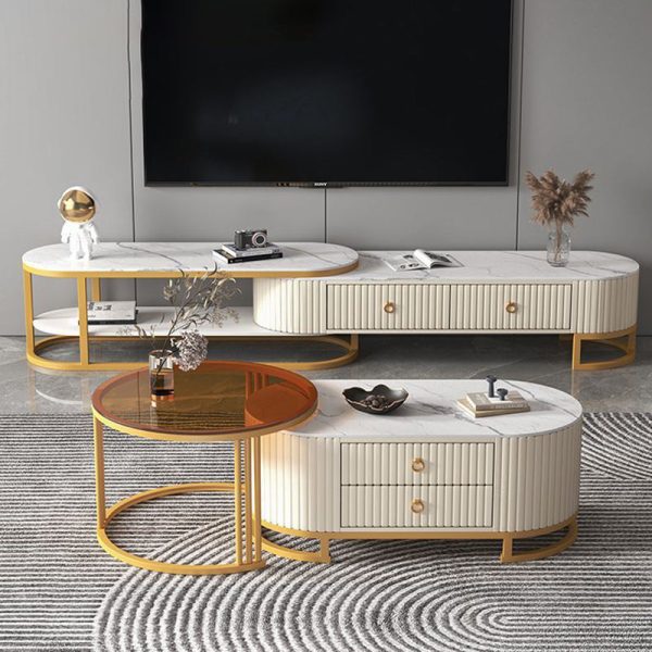 Modern Minimalist Slab Wood Leather Metal Elliptical TV Stand 2-Drawer Extendable For Living Room - Image 9