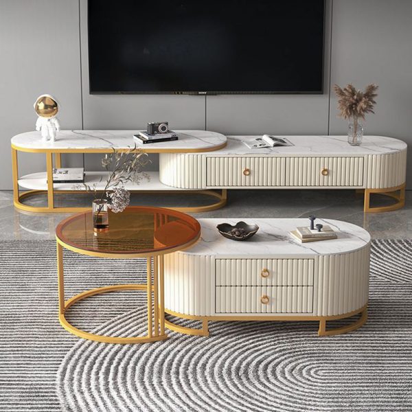 Modern Minimalist Slab Wood Leather Metal Elliptical TV Stand 2-Drawer Extendable For Living Room - Image 19