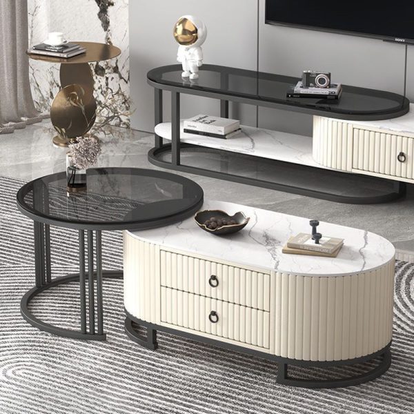 Modern Minimalist Slab Wood Leather Metal Elliptical TV Stand 2-Drawer Extendable For Living Room - Image 20