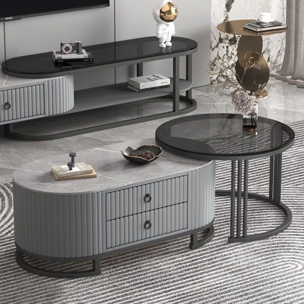 Modern Minimalist Slab Wood Leather Metal Elliptical TV Stand 2-Drawer Extendable For Living Room - Image 8