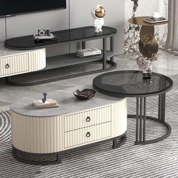 Modern Minimalist Slab Wood Leather Metal Elliptical TV Stand 2-Drawer Extendable For Living Room - Image 22