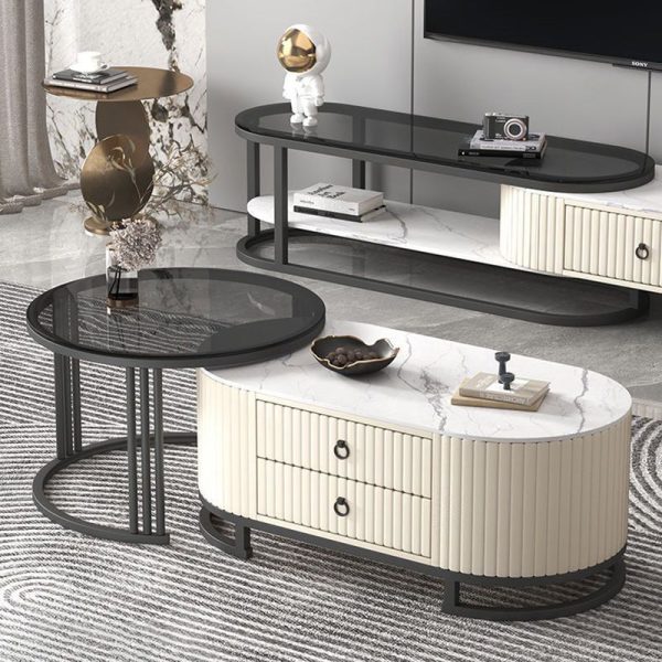 Modern Minimalist Slab Wood Leather Metal Elliptical TV Stand 2-Drawer Extendable For Living Room - Image 13