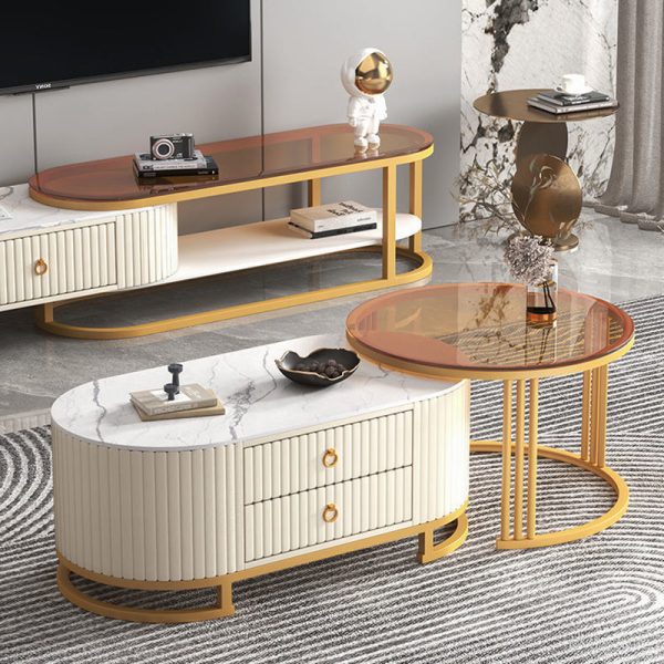 Modern Minimalist Slab Wood Leather Metal Elliptical TV Stand 2-Drawer Extendable For Living Room - Image 5