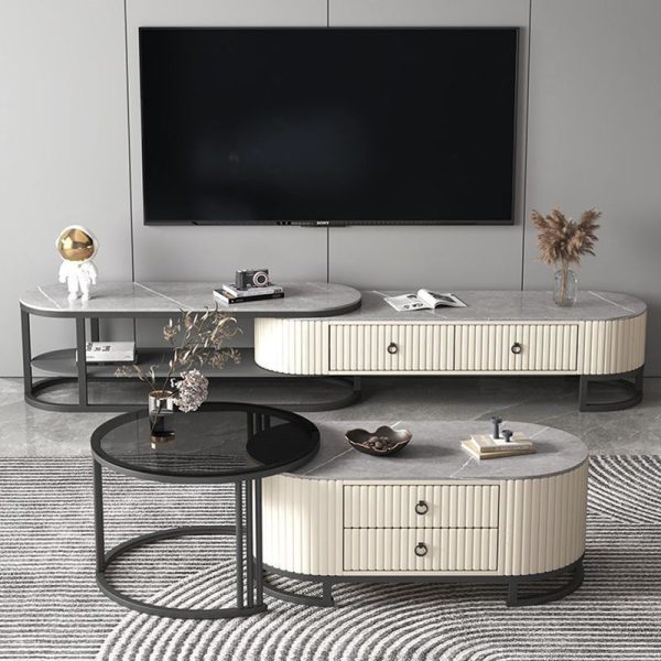 Modern Minimalist Slab Wood Leather Metal Elliptical TV Stand 2-Drawer Extendable For Living Room - Image 10