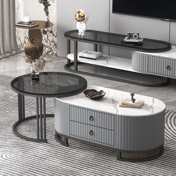 Modern Minimalist Slab Wood Leather Metal Elliptical TV Stand 2-Drawer Extendable For Living Room - Image 23