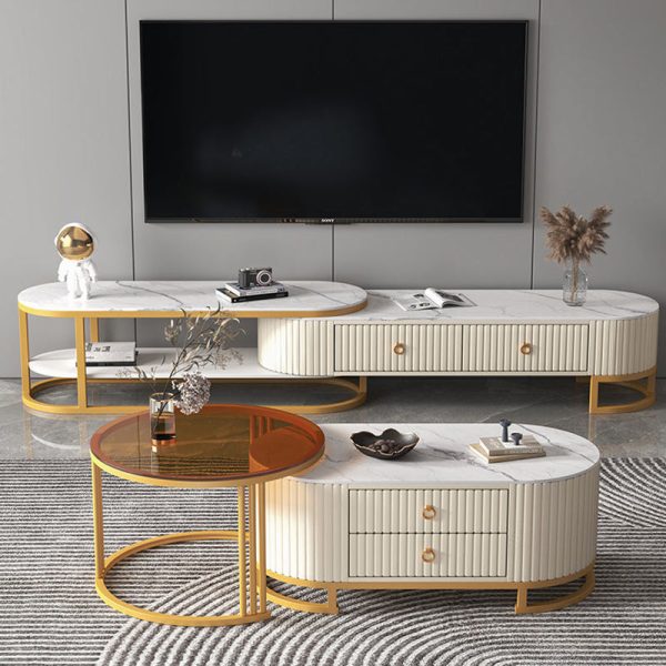 Modern Minimalist Slab Wood Leather Metal Elliptical TV Stand 2-Drawer Extendable For Living Room - Image 2
