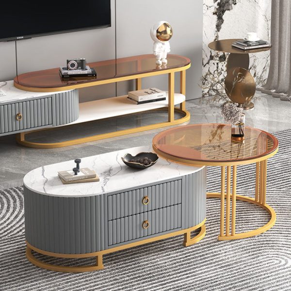 Modern Minimalist Slab Wood Leather Metal Elliptical TV Stand 2-Drawer Extendable For Living Room - Image 24