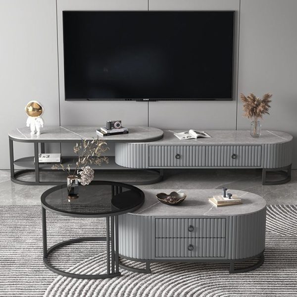 Modern Minimalist Slab Wood Leather Metal Elliptical TV Stand 2-Drawer Extendable For Living Room