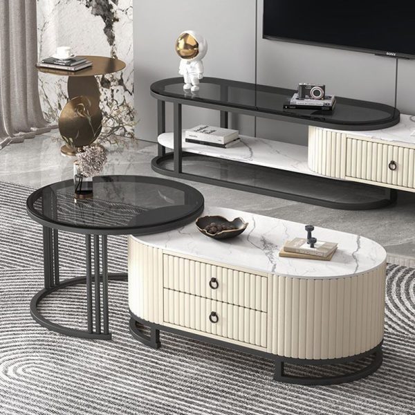 Modern Minimalist Slab Wood Leather Metal Elliptical TV Stand 2-Drawer Extendable For Living Room - Image 7