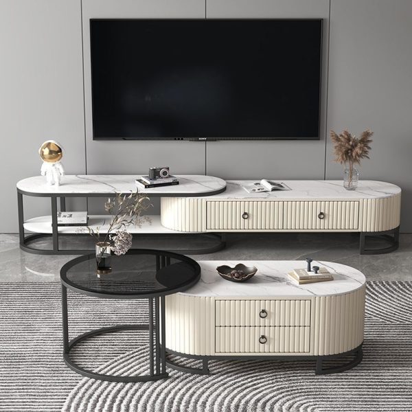 Modern Minimalist Slab Wood Leather Metal Elliptical TV Stand 2-Drawer Extendable For Living Room - Image 3