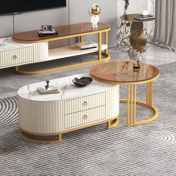 Modern Minimalist Slab Wood Leather Metal Elliptical TV Stand 2-Drawer Extendable For Living Room - Image 25