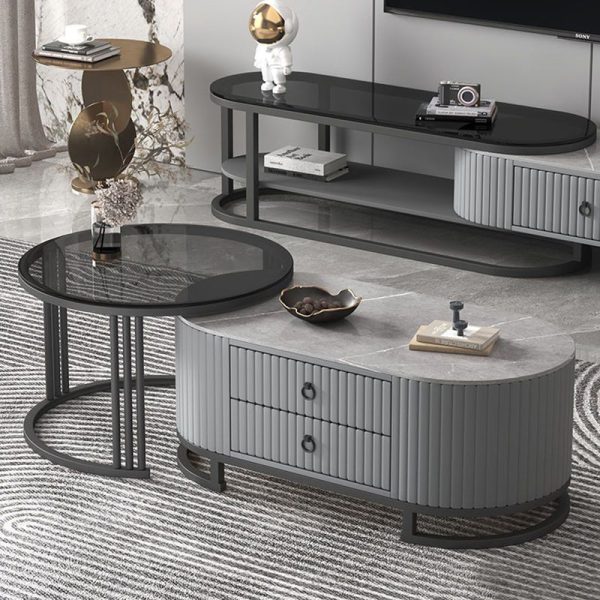 Modern Minimalist Slab Wood Leather Metal Elliptical TV Stand 2-Drawer Extendable For Living Room - Image 14