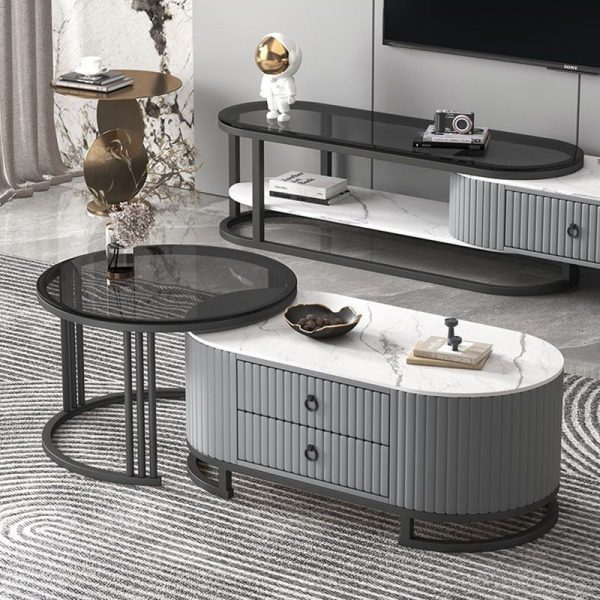 Modern Minimalist Slab Wood Leather Metal Elliptical TV Stand 2-Drawer Extendable For Living Room - Image 15
