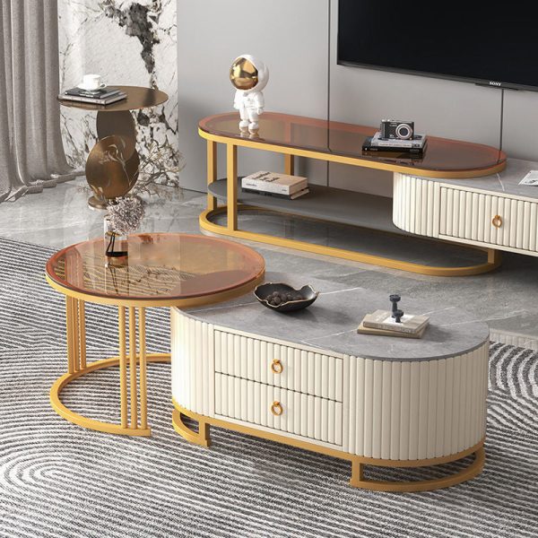 Modern Minimalist Slab Wood Leather Metal Elliptical TV Stand 2-Drawer Extendable For Living Room - Image 16