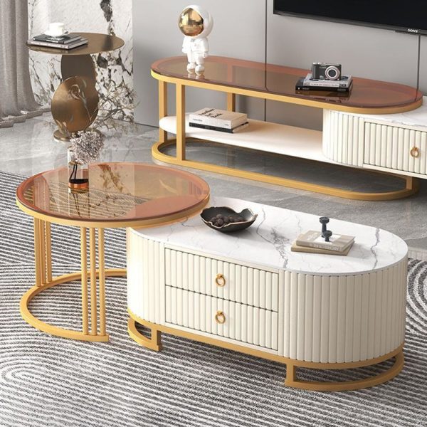 Modern Minimalist Slab Wood Leather Metal Elliptical TV Stand 2-Drawer Extendable For Living Room - Image 17