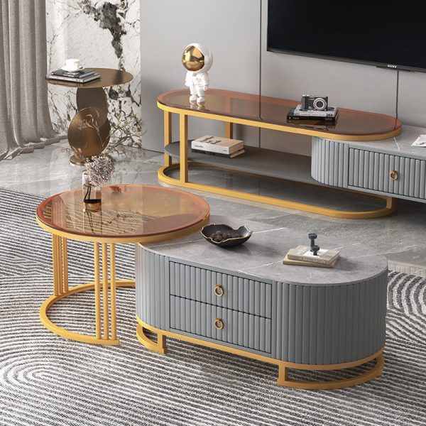 Modern Minimalist Slab Wood Leather Metal Elliptical TV Stand 2-Drawer Extendable For Living Room - Image 6