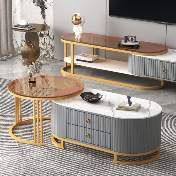 Modern Minimalist Slab Wood Leather Metal Elliptical TV Stand 2-Drawer Extendable For Living Room - Image 18