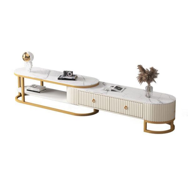 Modern Minimalist Slab Wood Leather Metal Elliptical TV Stand 2-Drawer Extendable For Living Room - Image 12