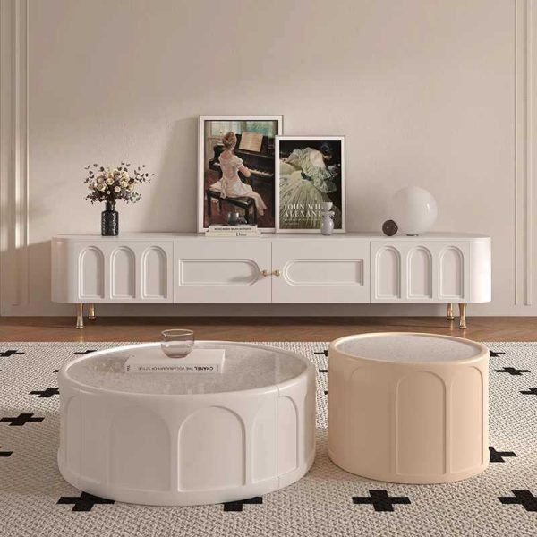 Traditional French Solid Wood Panel Glass Stainless Steel Rectangular Arched Door TV Stand 2-Cabinet Drawer For Living Room