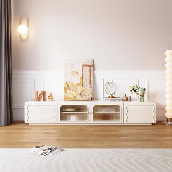 Traditional French Board Glass Wood Rectangular TV Stand 2-Tier Storage Extendable For Living Room