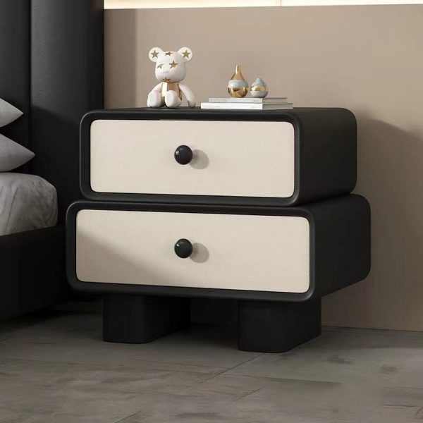 Modern Simplicity Wood Microfiber Leather Rectangular Rounded Corner Nightstand 2-Drawer For Bedside