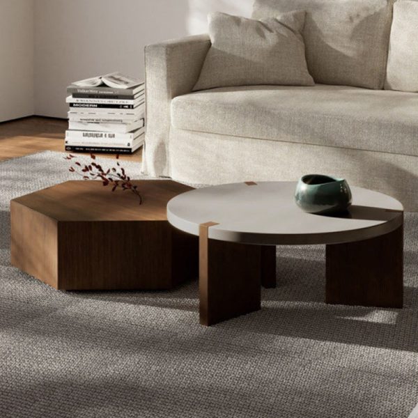 Modern Minimalist Plate Wood Round Hexagon Coffee Table 2-Drawer For Living Room - Image 2