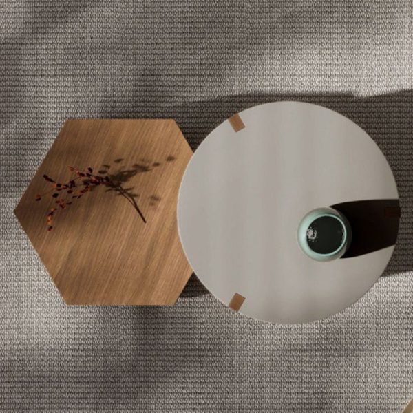 Modern Minimalist Plate Wood Round Hexagon Coffee Table 2-Drawer For Living Room - Image 5