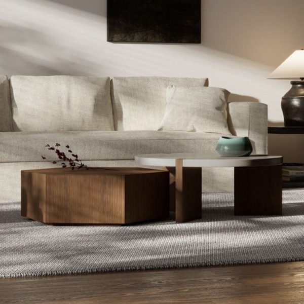 Modern Minimalist Plate Wood Round Hexagon Coffee Table 2-Drawer For Living Room - Image 3