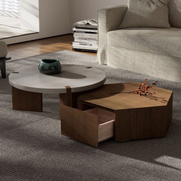 Modern Minimalist Plate Wood Round Hexagon Coffee Table 2-Drawer For Living Room - Image 6