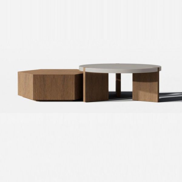 Modern Minimalist Plate Wood Round Hexagon Coffee Table 2-Drawer For Living Room - Image 12