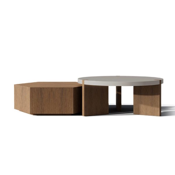 Modern Minimalist Plate Wood Round Hexagon Coffee Table 2-Drawer For Living Room - Image 11