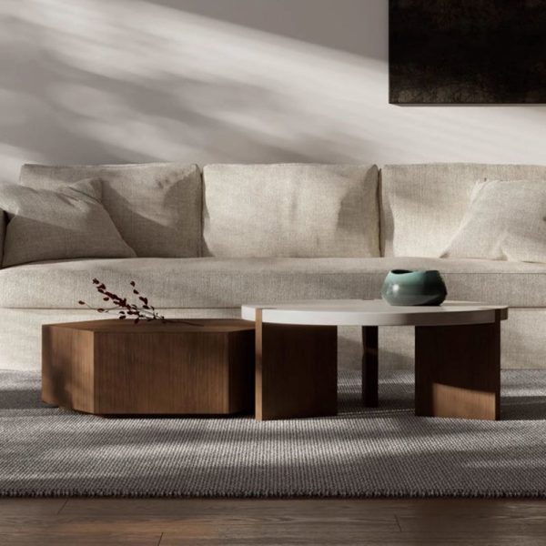 Modern Minimalist Plate Wood Round Hexagon Coffee Table 2-Drawer For Living Room - Image 10