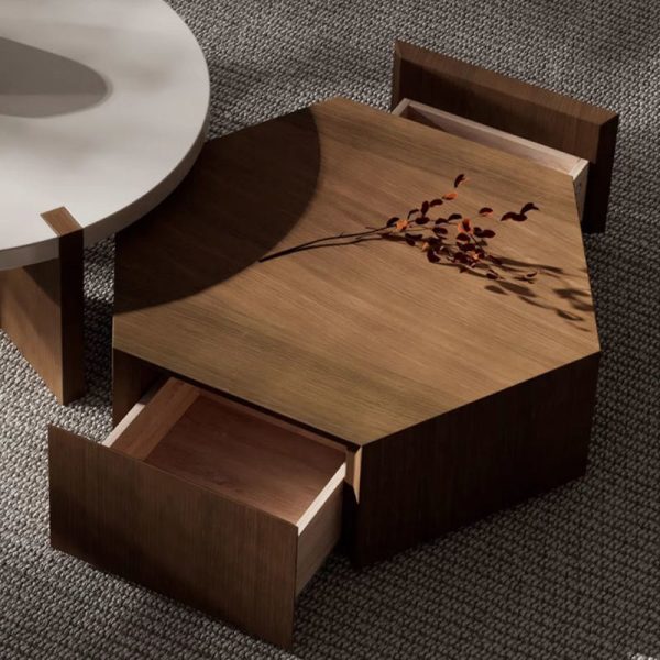 Modern Minimalist Plate Wood Round Hexagon Coffee Table 2-Drawer For Living Room - Image 4