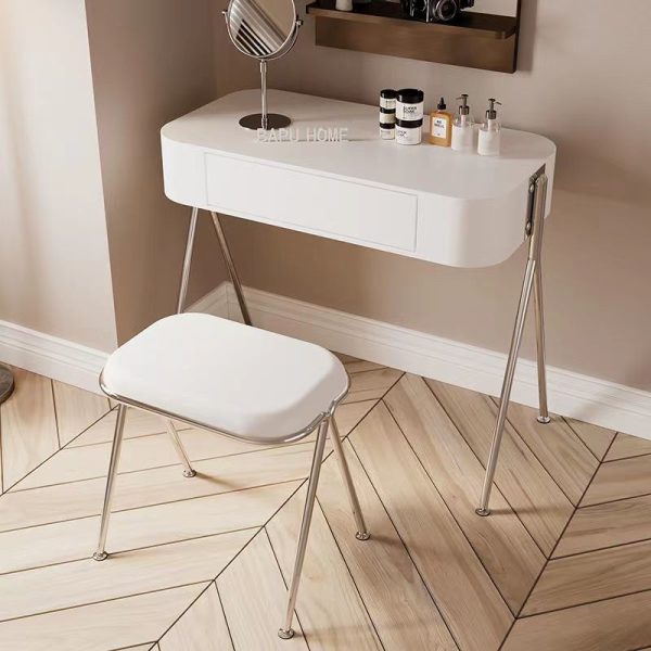 Modern Minimalist MDF Stainless Steel Rectangular Makeup Vanity & Stool Set 1-Drawer For Bedroom - Image 11