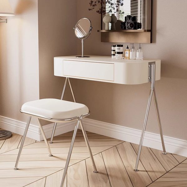 Modern Minimalist MDF Stainless Steel Rectangular Makeup Vanity & Stool Set 1-Drawer For Bedroom - Image 3