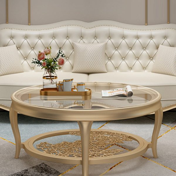 Traditional European Reinforced Glass Wood Round Openwork Carved Coffee Table 2-Tier For Living Room - Image 12