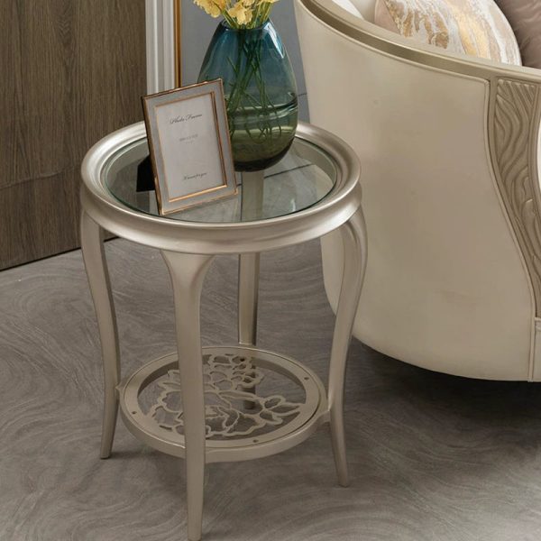Traditional European Reinforced Glass Wood Round Openwork Carved Coffee Table 2-Tier For Living Room - Image 2