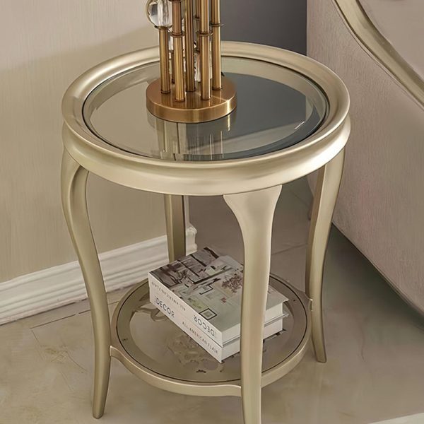 Traditional European Reinforced Glass Wood Round Openwork Carved Coffee Table 2-Tier For Living Room - Image 4