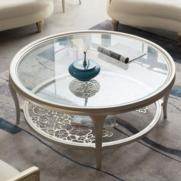 Traditional European Reinforced Glass Wood Round Openwork Carved Coffee Table 2-Tier For Living Room - Image 11