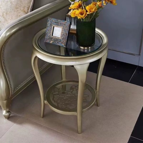 Traditional European Reinforced Glass Wood Round Openwork Carved Coffee Table 2-Tier For Living Room - Image 13