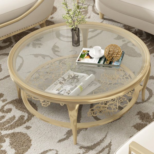 Traditional European Reinforced Glass Wood Round Openwork Carved Coffee Table 2-Tier For Living Room - Image 3